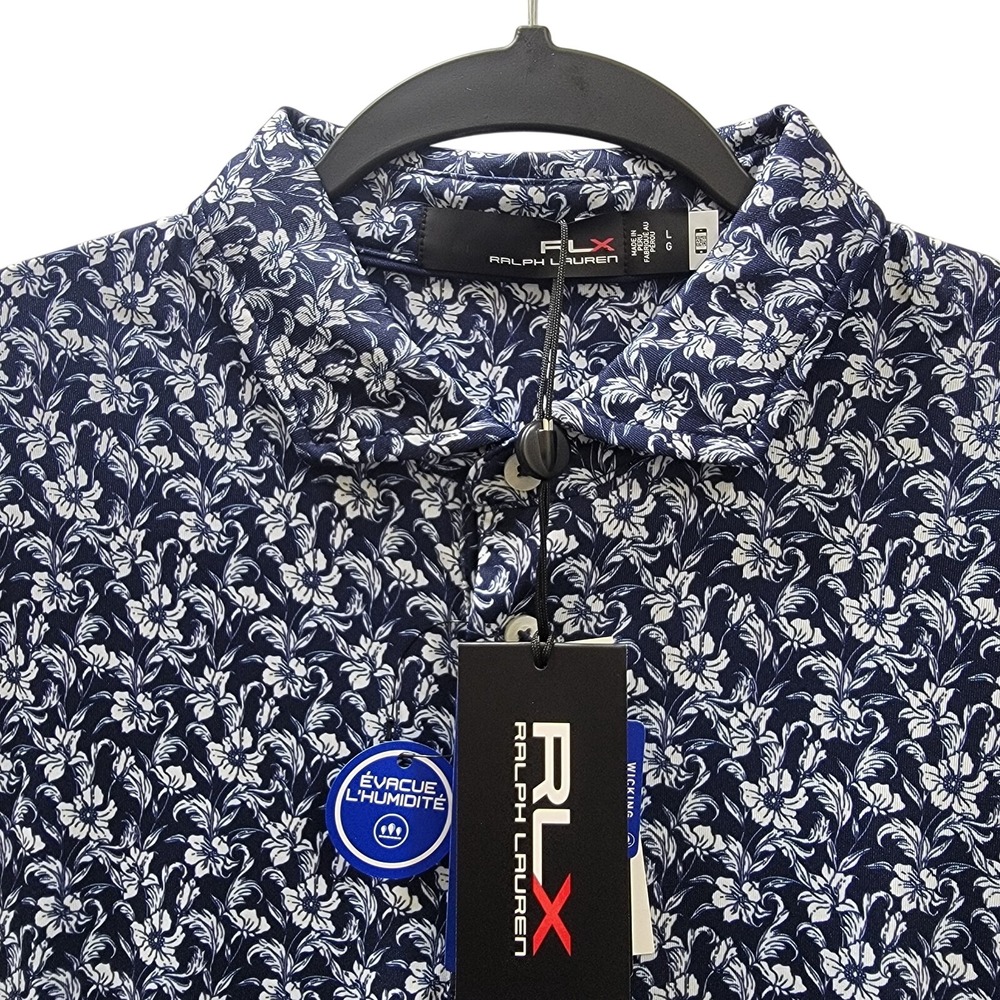 NEW RLX Ralph Lauren Golf Performance Polo LG Navy Floral All Over Print Wicking